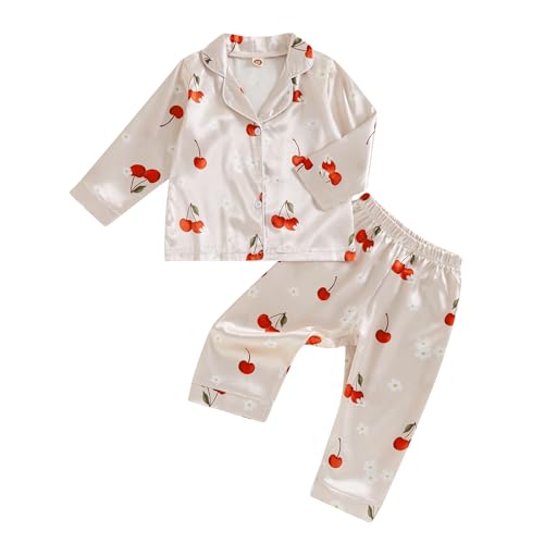 Qiylii Toddler Girls Soft Satin Pajamas Long Sleeve Button-Up Pajamas Shirt and Pant 2PC Silk Pajamas Kids Nightgown