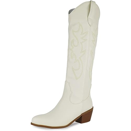 AMINUGAL Womens Cowgirl Boots Western Embroidered Knee High Pull on Tall Wide Mid Calf Knee High Boots Autumn Western Cowboy Boots For Women