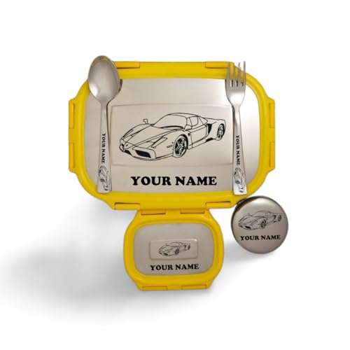 Image of ncgifts Personalized Tiffin | Customized Lunch Box | Personalized Stainless Steel Tiffin Box | Your Child's Name and Favourite Character Engraved | for Scholl Students (Yellow)