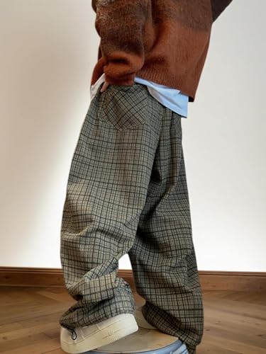 CUTEGAL Gingham Plaid Pants for Men Hip Hop Wide Leg Baggy Trousers with Drawstring Elastic Waist Pockets Streetwear2