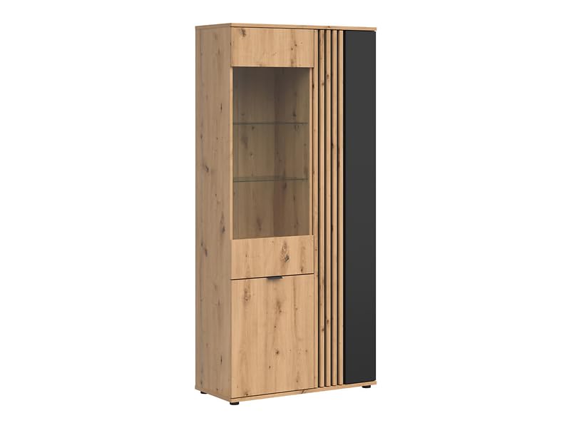 PEGANE Vitrine à 3 Portes avec décor lamelles,Coloris Chêne Artisan/Noir - Longueur 90,5 x Profondeur 40 x Hauteur 195,5 cm