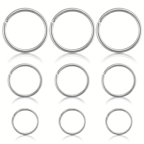 Visxcnu 9 Pcs 0.8mm Grosor 316L Acero Quirúrgico Bisagras Nariz Anillos Aro, Anillos de tabique Piercing Labio Hélice Cartílago Rook Pendientes, Diámetro 6mm a 10mm