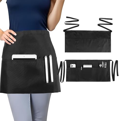 oruola Tablier de Serveur avec 3 Poches,60 x 30 cm Tabliers Outils,Demi-tablier avec Poches,Tabliers de Serveur Restauration Unisexe en Polyester Imperméable...