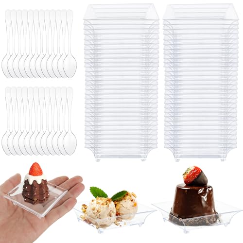LDHHYH 200 Pack 1 oz Mini Dessert Plates with Spoons, 2.5 x 2.5 Inch Mini Appetizer Plates, Small Square Plastic Dish for Sauce, Dessert, Fruit or Appetizer