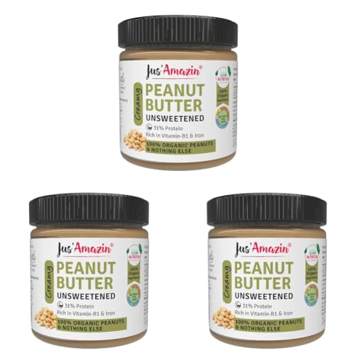 Image of Jus' Amazin Creamy Organic Peanut Butter - Unsweetened (200g) | 31% Protein | Single Ingredient - 100% Organic Peanuts (no added Sugar /Salt) | Dairy Free | Keto | Clean Nutrition (Pack of 3)