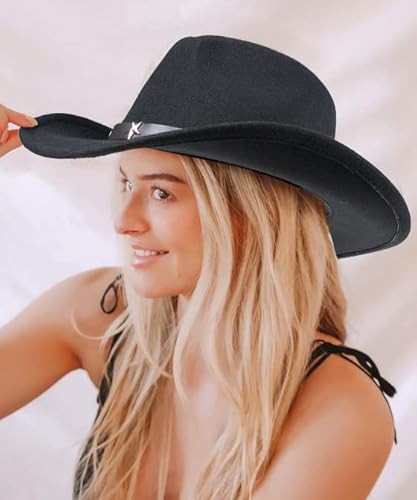 Western Cowboy Hat For Men Women Classic Roll Up Fedora Hat With Buckle Belt (Hat Circumference 22.4-22.8") Black #TOP4