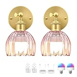 RIDALUX Vintage Battery Operated Wall Sconce, Pink Tulip Glass Lampshade Wireless Rechargeable Battery Powered LED Wall Light with Remote Dimmable for Bedside Bedroom Doorway Living Room, Set of 2