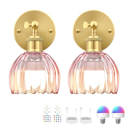 Image of Vintage Battery Operated Wall Sconce, Pink Tulip Glass Lampshade Wireless Rechargeable Battery Powered LED Wall Light with Remote Dimmable for Bedside Bedroom Doorway Living Room, Set of 2