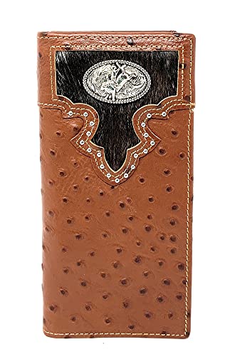 Western Men's Cow Fur Genuine Leather Ostrich Rodeo Bifold Wallet in 2 Color (Brown)