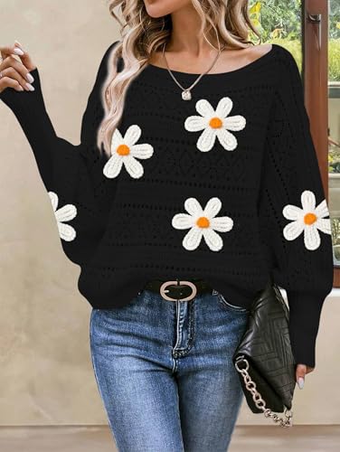 Image of Cakulo Womens Off Shoulder Sweater Top Fall Outfits Fashion 2025 Oversized Knit Batwing Long Sleeve Crochet Flower Sweaters