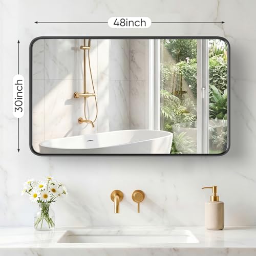 Image of NEWBULIG 30 inchx48 inch Wall Mirror, Bathroom Mirrors for Over Sink, Black | Matte Metal Framed Vanity Mirror with Tempered Glass, Entryway, Living Room, Bedroom