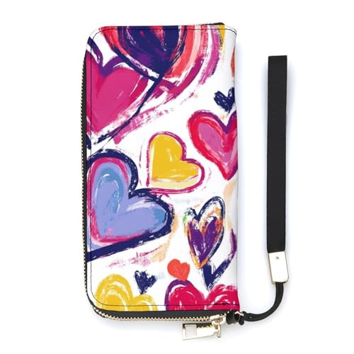 Art Love Heart Pattern Women's Leather Clutch Wallet with Zip Card Holder Hand Strap Large Capacity