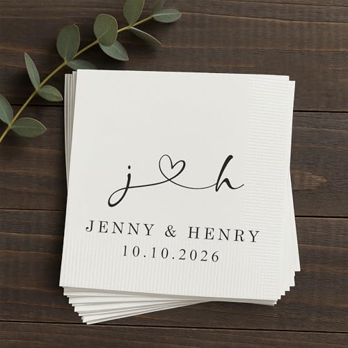 Image of Personalized Cocktail Napkins Wedding, Cheer Mr Mrs Name Couple, Pack 50 100 150 300 500 Anniversary Party, Disposable Decoration Initials Beverage Bar Reception Cocktail Luncheon Dinner, Golden 1