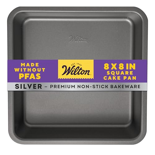 Wilton Silver Non-Stick 8 x 8 Inch Square Brownie Cake Pan, Stainless Steel Bakeware, Made without PFAS, Packaging May Vary