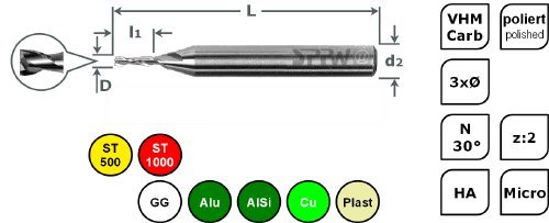 SPPW Micro-Bohrnutenfräser VHM 3xØ L:72x26 z:2 d10 Ø10,0