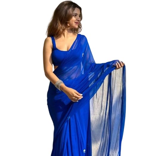 Women's Royal Blue Georgette Saree with Elegant Silver Leaf Motifs | Lightweight Party Chiffon-Finish Sari with Unstitched... - Review, Price and Buying Guide