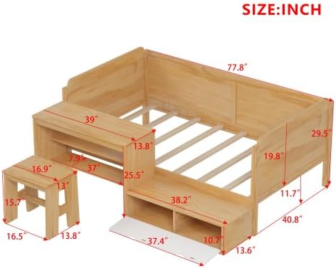 Bellemave Twin Size Daybed with Storage Shelves and Lockers, Multi-Functional Wooden Platform Bed with Desk and Matching Stool, Natural