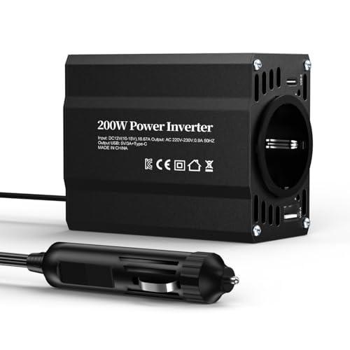 TAGEEBLU 200W Wechselrichter 12V auf 230V, spannungswandler 12v 230v mit 1 Steckdosen、Type-C 30W、USB-Schnellladung 20W