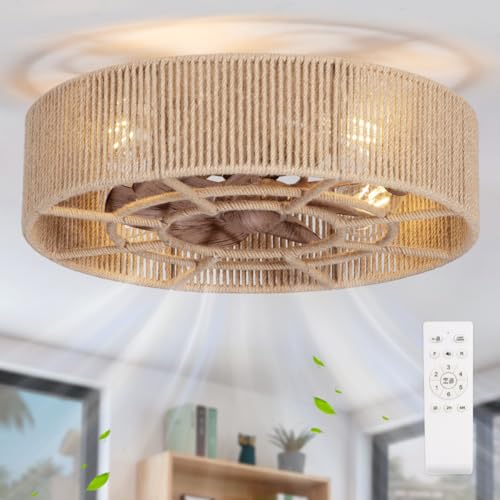 SHLUCE 18 Boho Caged Ceiling Fan with Light Fandelier Flush Mount Ceiling Fan with Light Small Low Profile Bladeless Ceiling Fans with Lights and Remote for Bedroom Living Room Rattan - ETL