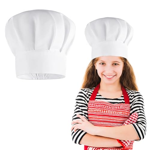 KALIONE Cappelli da chef bianchi regolabili da cucina cappelli da chef per bambini in cotone elastico per cucinare cottura festa scuola casa, bianco, 55