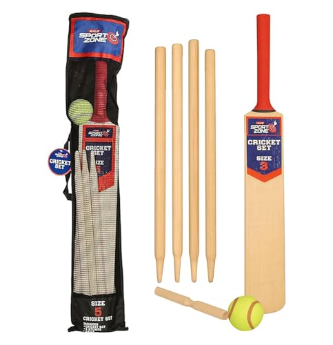A2Z 4 Kids Cricket Set Rubber Grip Wooden Bat / 4 Stumps / Bails and Soft Ball – Cricket Set AZ6916 Size 3
