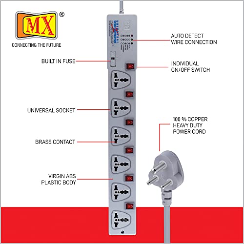 Image of MX Spike Protector Extension Board Individual Switch 6 Outlet International Sockets Extension Cord 5 Meter Multi Plug Socket Extension Power Strip for Home & Office (5 Amp)