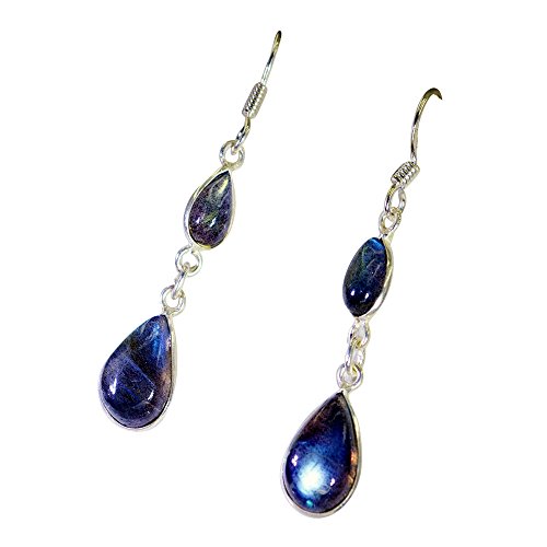 Naturel labradorite Pendants d'oreille pour femme - Argent Sterling 925 - Bijoux astrologique mixte Forme Crochet Cover