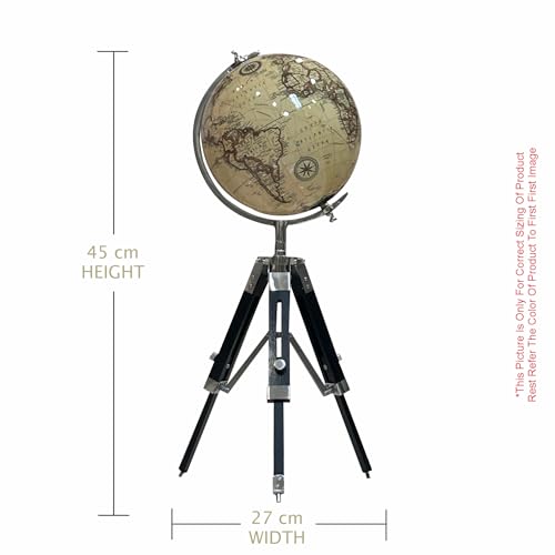 Image of Tripod Antique World Globe 8 Inch with Metal Stand for Home Decor & Office Table, Showpiece, Table top Accessory for Gifting and Learning - Yellow Color