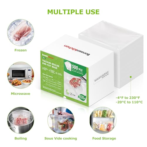 Image of Bonsenkitchen Precut Vacuum Sealer Bags, 500 Pint 6 inch x 9 inch Food Sealer Bags | Commercial Grade, Heavy Duty, Customized Size Vacuum Bags for Vac Storage, Meal Prep or Sous Vide Cooking