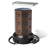 Power Strip Tower with 15W Wireless Charger, SUPERDANNY 1050J Surge Protector Tower 13A Charging Station with 12 AC Outlets & 6 USB Ports (2 USB C), 6.5ft Extension Cord for Home Office, Wood Grain