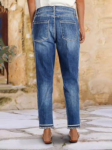 Flamingals Women Mid Waist Skinny Crop Jeans Raw Hem Wash Stretch Active Denim3
