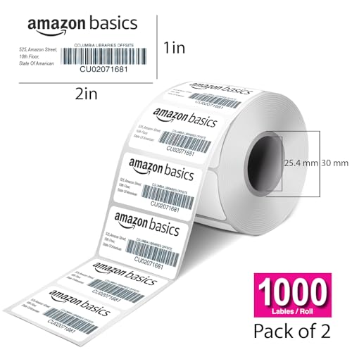 Image of Amazon Basics 70gsm Thermal Label Printer Paper - 2 inch x 1 inch (50 x 25 mm)| Ideal for Barcode, Product, Inventory, Price, and Transparency Labels - 1000 Labels per Roll (Pack of 2)