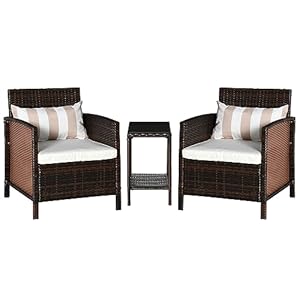 Outsunny 3 Pieces Outdoor Rattan Bistro Set, Patio Wicker Balcony Furniture, Conservatory Sofa Sets w/Cushioned Chairs & Table, Brown