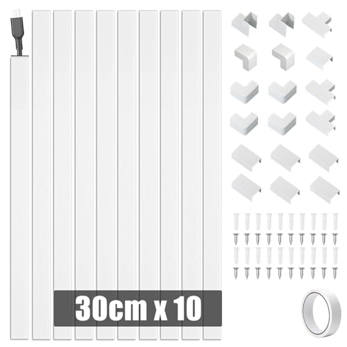 Canaleta de cable de 3 m, color blanco, 15 x 10 mm, autoadhesivo, para cables eléctricos, cable de TV, cable ocultador, conducto con conexiones, organizador de cables, gestión de conductos, 30 cm