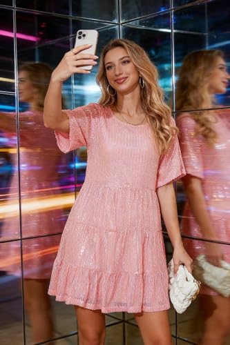 Image of MAYSTEPPE Sparkly Glitter Dress, Sequin Babydoll Summer Dress Short Flowy Tiered Tunic Dress for Women Party Club Night