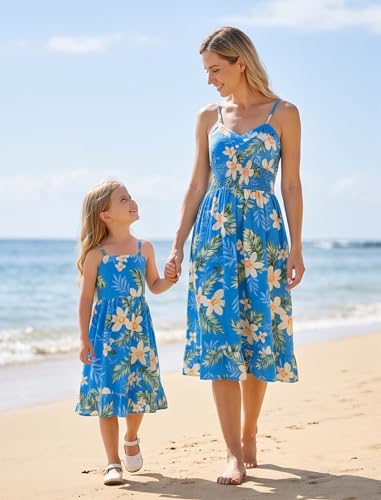 Image of AWIBMK Hawaiian Family Matching Outfits Mother Daughter Tropical Dresses Father Son Shirts for Beach Vacation Luau Party