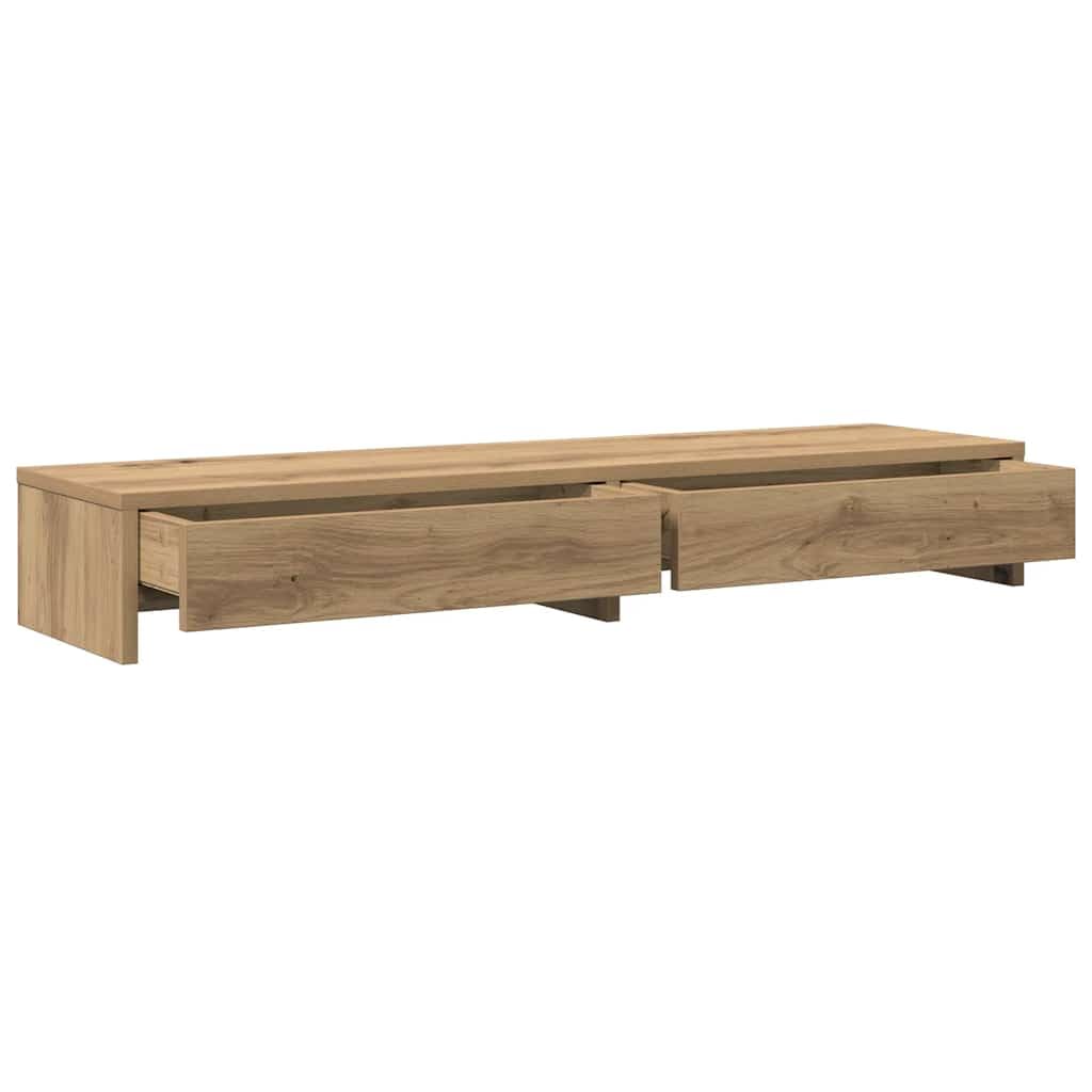 Supporto per monitor con cassetti in legno di rovere Artisan, 100 x 27 x 15 cm, per due monitor, portata 25 kg, organizer da scrivania, home office e gaming