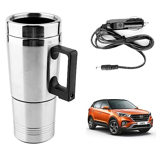 Image of Oshotto 12V Stainless Steel Car Heating Kettle /Mug, Travel Friendly electric Tea /Coffee maker Compatible with Hyundai Creta (2015-2019) (300ml) - Silver