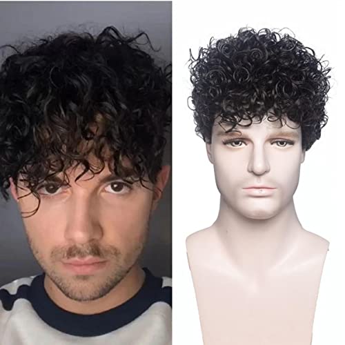 Peruca preta encaracolada para homens, perucas sintéticas encaracoladas curtas, peruca preta ondulada natural para festa de Natal, cosplay, agitação, festa na moda, etc.