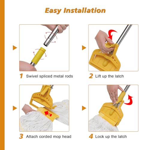 Image of Mop Handle, 61 inch Wet Mops Heavy Duty Loop-end String Mop Head Surface Floor Cleaner with Stainless Steel Hard Pole Commercial