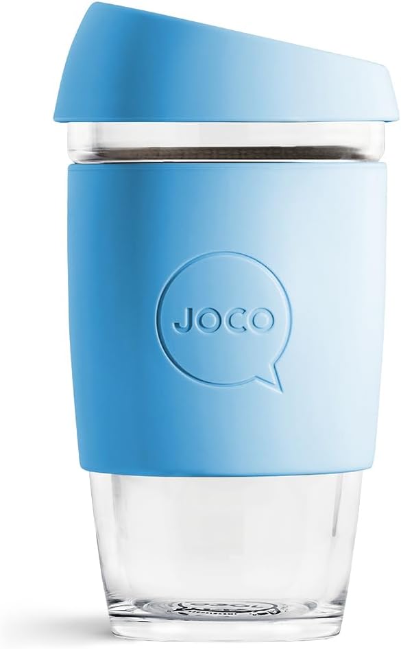 JOCO 16oz Travel Friendly Eco-innovative Borosilicate Reusable Classic Glass Coffee Cups, Microwave Safe Travel Coffee Cup, 100% Plastic Free Thermal Shock Resistant Glass Mug (Blue Sea)