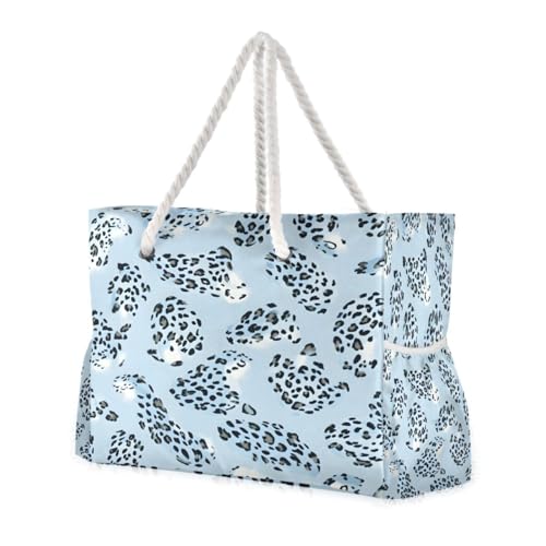 Beach Bag - Large Tote Bags for Women Leopard Print Light Blue Shoulder Bags Zipper Waterproof Sandproof for Travel Gym Swim Daily