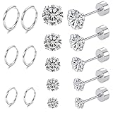 AOKUN 8 Pares Aretes Mujer, Aretes de Titanio, Incluir Pendientes de Botón de Circonita y Pendientes de Aro, Acero...