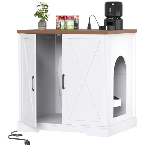 Heybly 34.5" Litter Box Enclosure,Large Robot Cabinet with Charging Station,Wooden Cat Litter Box Enclosure Furniture for Self-Cleaning Robot 3 & 4,Hidden for Smart Litter Box Size,White HCLB004WWB