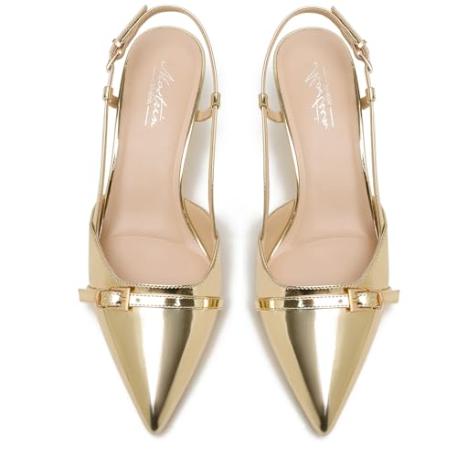 Image of Mostrin Kitten Heels for Women Pointed Toe Pumps Patent Leather Low Heel Slingback Heels with Buckle Dress Shoes for Dating Party Working