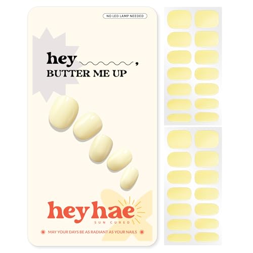 Heyhae Semi Cured Gel Nail Strips | No LED Lamp Needed | Solid, Yellow | Easy Apply & Remove, Salon Quality | Includes 28 Strips, 1 Prep Pads, Nail File & Wooden stick - Hey, Butter Me Up