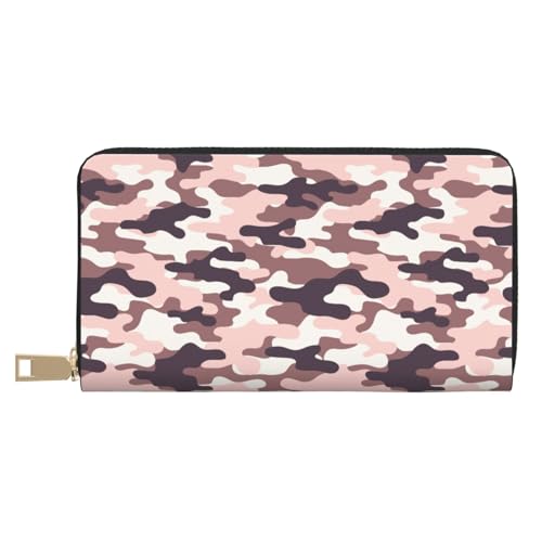 Leather Thin Slim Wallets for Women Men - Fashion Camouflage Pink Print Card Wallet Holder with Zipper