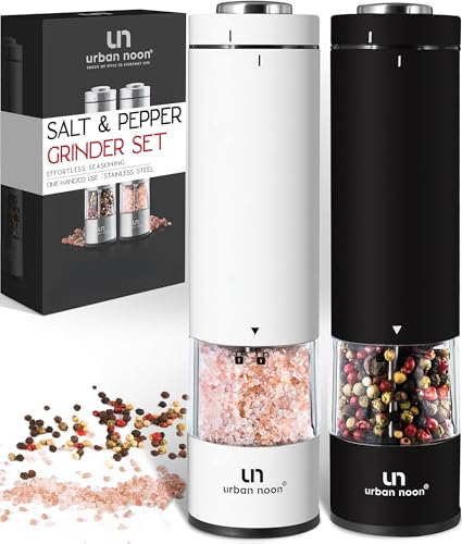 Electric Salt and Pepper Grinder Set - Battery Operated Stainless Steel Mills (1 Black Pepper Grinder + 1 White Salt Grinder) Automatic One Handed Operation Electronic Adjustable Ceramic Grinders