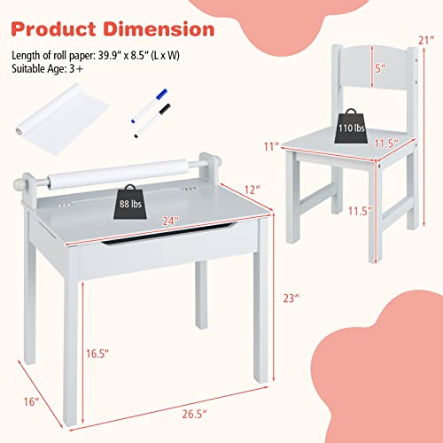 Olakids Kids Table And Chair Set, Wooden Lift-Top Toddler Desk With Paper Roll, Storage, Children Activity Furniture For Craft Art Drawing Dining Nursery Daycare Playroom (Gray) #TOP6