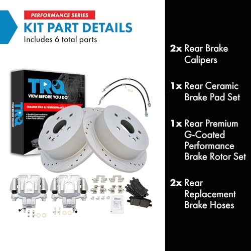 Image of TRQ Performance Rear Brake Pad and Rotor Set Ceramic Slotted Drilled Coated Calipers Compatible with 2004-2007 Toyota Highlander with All Wheel Drive